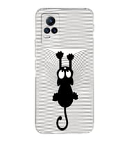 Vivo Y73 Uyumlu Kamera Korumalı Kapak Çizgi Kedi (Beyaz) Tasarımlı Şeffaf Silikon Kılıf