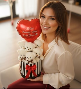 Kişiye Özel Kadınlar Günü Hediyesi İsim Yazılı Kalp Balonlu 6’lı Peluş Ayıcık Buketi Ablaya Anneye Eşe Sevgiliye Hediye (Kırmızı)