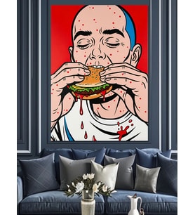 Pop Art Hamburger Yiyor Dekoratif Kanvas - Mdf Ahşap Tablo