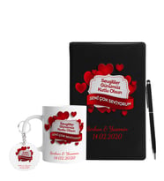 Sevgililer Gününe Özel Siyah Defter Kalem Kupa & Süblimasyon Anahtarlık Hediye Seti 5