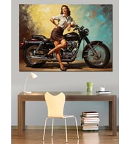 Motosiklet Üzerinde Oturan Pin-Up Kızı Dekoratif Kanvas - Mdf Ahşap Tablo