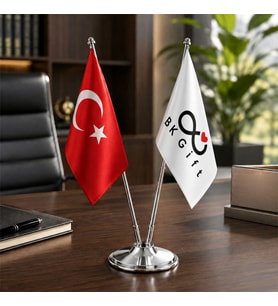 BK Gift Masaüstü 2'li Bayrak Direği Tekli Gümüş Bayrak Standı ve 2 Bayrak - 33 cm Ofis Masa Bayrağı