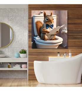 Tekli Kare Kanvas Banyo Tablosu Gazete Okuyan Papyonlu Sincap