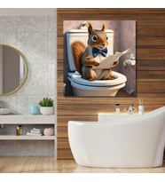 Tekli Kare Kanvas Banyo Tablosu Gazete Okuyan Papyonlu Sincap
