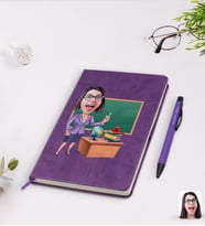 BK Gift Kişiye Özel Kadın Öğretmen Karikatürlü Mor Termo Deri Defter Kalem Seti Model 1