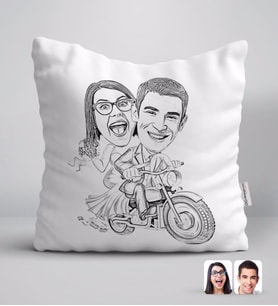 BK Gift Kişiye Özel Karakalem Gelin Damat Karikatürlü Beyaz Yastık-1