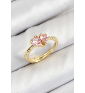 Pirinç Zirkon Taşlı Pembe Kalp Model Gold Renk Kadın Yüzük TJ-BYK3802