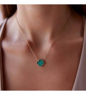Van Cleef Model Yeşil Renk Paslanmaz Çelik Üzeri Altın Kaplama Kolye