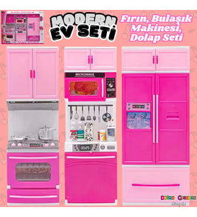 Anlily Üçlü Mutfak Seti - Barbie Modern Mutfak Seti - Işıklı Sesli Mutfak Oyuncak - Fırın, Buzdolabı