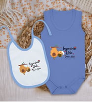 BK Kids Kişiye Özel Teyzesinin Balı Tasarımlı Mavi %100 Pamuklu Askılı Sıfır Kol Bebek Body Zıbın ve Mama Önlüğü Hediye Seti