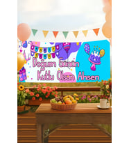Kişiye Özel Unicorn İsimli Doğum Günü Pankartı, Doğum Günü Afişi, Kız Çocuk, Bebek İyi ki Doğdun Banner 50x150cm (Mavi)