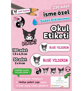 Kuromi Temalı Kişiye Özel İsimli Defter Kalem Okul Etiketi, Yırtılmaz PVC Etiket (Beyaz)