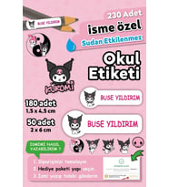 Kuromi Temalı Kişiye Özel İsimli Defter Kalem Okul Etiketi, Yırtılmaz PVC Etiket (Beyaz)