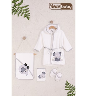 VaVbaby %100 Pamuklu Bebek Havlu Bornoz Seti Kapşonlu Bebek Bornoz Fil Desen (Gri)