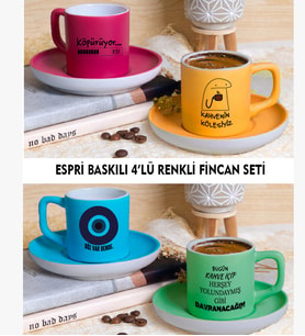 Espirili Renkli Türk Kahvesi Fincan Takımı 4 Kişilik 8 Parça