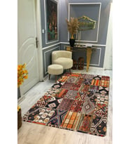 Kaymaz Tabanlı Yıkanabilir Leke Tutmaz Kilim Desenli Salon Halısı Dot Taban Halı KDH13 (Çok Renkli)
