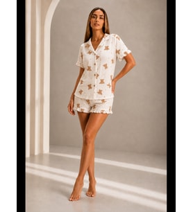 Night Kadın Günlük Düğmeli V Yaka Pijama Takımı