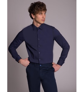 Lacivert Erkek Ekstra Slim Fit Düz Klasik Yaka Uzun Kol Gömlek