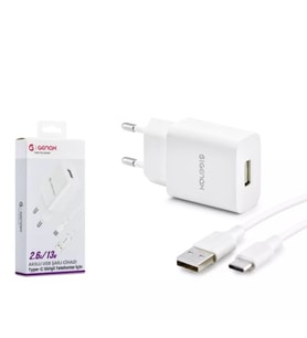 Genax GNX003 Type-C USB Şarj Adaptörü Set 2.6A 13W Beyaz (Siyah)