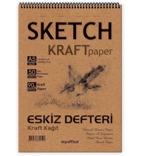 Lexroo ETİKA Kraft Eskiz Defteri A5-90 gr Doğal Kağıt, Spiralli, 50 Yaprak Sketchbook