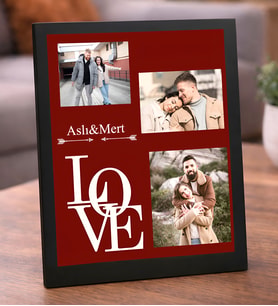 Kişiye Özel İsim Yazılı LOVE Tasarımlı 3 Fotoğraflı Masaüstü Siyah Çerçeve -Sevgiliye Hediye İsimli ve 3 Fotoğraf Kolajlı LOVE Temalı Şık Çerçeve