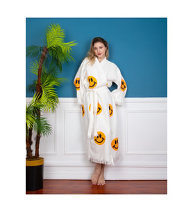 Müslin Kimono %100 Pamuklu Gülen Emoji Desenli Bornoz Kaftan Sabahlık (Ekru)