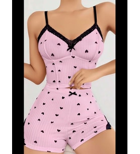 Fantezia Night Kadın Pembe Kalp Desenli Askılı Şortlu Pijama Takım 5013