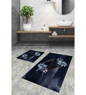 Lacivert Çiçekli Banyo Halısı Klozet 2'li Paspas Seti BS053