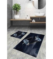 Lacivert Çiçekli Banyo Halısı Klozet 2'li Paspas Seti BS053