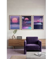 Retrowave Neon Gün Batımı ve Havuz Manzaraları 3’lü Ahşap Çerçeveli Tablo Seti