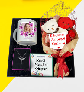 Kişiye Özel Ayıcık Buketi Fotoğraflı Kupa Bardak Melek Kolye Hediye Seti
