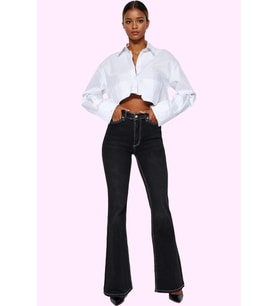 Kadın Denim Flare Pantolon Yüksek Bel Pamuk Rahat Günlük Hafta Sonu Yaz Aylarının Vazgeçilmezi (Siyah)