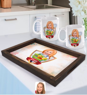 BK Gift Kişiye Özel İsimli Kadın Diyetisyen Karikatürlü Doğal Ahşap Tepsi ve 2’li Kupa Bardak Seti-1