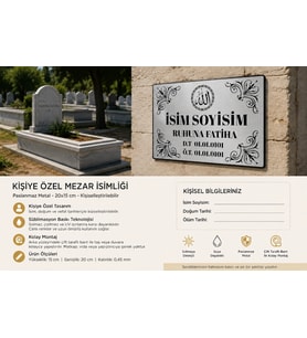 Kişiye Özel Metal Mezar İsimliği 15x20 cm – Gümüş Metal Levha –Baskılı Mezarlık Levhası