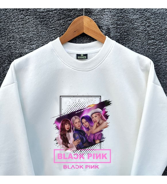 Çocuk BlackPink Oversize Baskılı Pamuklu Uzun Kollu Bisiklet Yaka