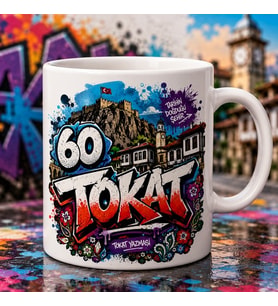 60 Tokat Graffiti Tasarımlı Baskılı Kupa, Tokat Kalesi Saat Kulesi Tarihi Evler ve Sokak Sanatı Temalı Hediye