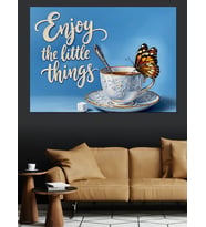 Mavi Fon Çiçek Desenli Kahve Fincanı Ve  Kelebek "Enjoy Little Things" Dekoratif Kanvas - Mdf Ahşap Tablo