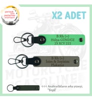 Motorcu Dostlara İsim Plaka ve B + Kan Grubu Yazılı Hediye x2 Anahtarlık Takım, Kül Gri-F Yeşil-Ysl