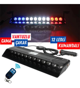 S12 Kumandalı Cam İçi Vantuzlu Polis Çakar Lamba İkaz 12 Ledli Kırmızı Beyaz Mavi Çakmaklık Girişli