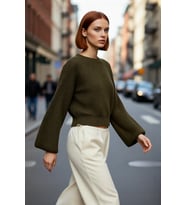 Kadın Oversize Gri Akrilik Selanik Dokuma Super Crop İspanyol Kol Triko Kazak Günlük Stilinize
