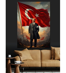 Türk Bayrağı Önünde Atatürk Portresi Dekoratif Kanvas - Mdf Ahşap Tablo