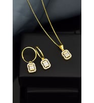 Papatya Silver 925 Ayar Gümüş Zirkon Kare Baget Taş Halka Küpe Ve Tepelikli Baget Kare Taş Kolye Set (Gold)