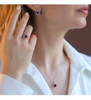 Lotus Çiçeği Ametist Taşlı Gümüş Set