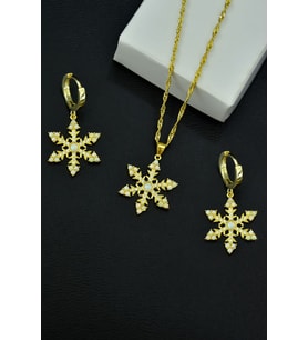 925 Ayar Gümüş Gold Kaplama Singapur Zincir Opal Kar Tanesi Kadın Kolye Ve Küpe Set