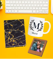 Kişiye Özel Baş Harf İsim Soyisim Beyaz Kupa Fotoğraflı Çerçeve Ve Yaldızlı Desenli Defter Set