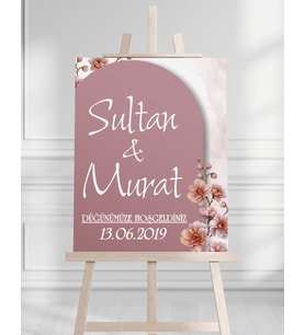 Söz Nişan Düğün İçin 50x70 Karşılama Panosu - Pembe Çiçek Tasarımlı 002