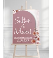 Söz Nişan Düğün İçin 50x70 Karşılama Panosu - Pembe Çiçek Tasarımlı 002