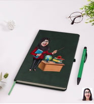 BK Gift Kişiye Özel Tesettürlü Kadın Öğretmen Karikatürlü Yeşil Termo Deri Defter Kalem Seti Model 1