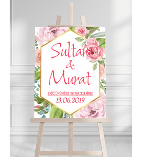 Söz Nişan Düğün İçin 50x70 Karşılama Panosu - Pembe Renk Çiçek Temalı 03