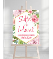 Söz Nişan Düğün İçin 50x70 Karşılama Panosu - Pembe Renk Çiçek Temalı 03
